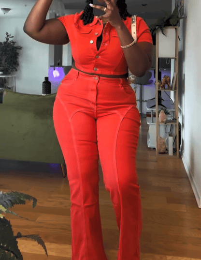 Cropped Denim Jacket & Flare Jeans Set - Orange