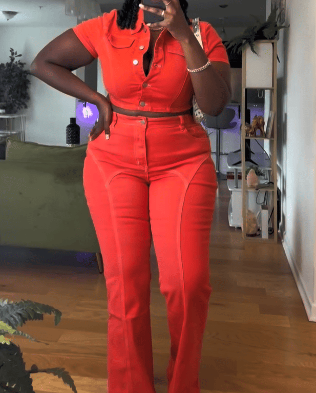 Cropped Denim Jacket & Flare Jeans Set - Orange