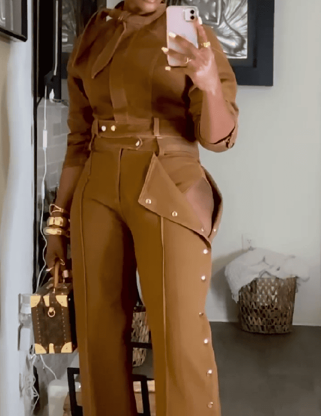 Stand Neck Long Sleeve Button Coat High Waist Pants 2pc Set