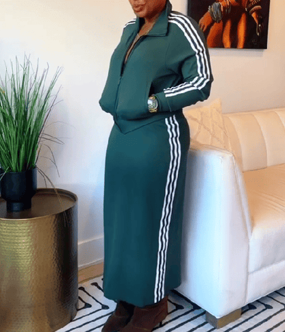 Striped sports jacket & knit skirt set