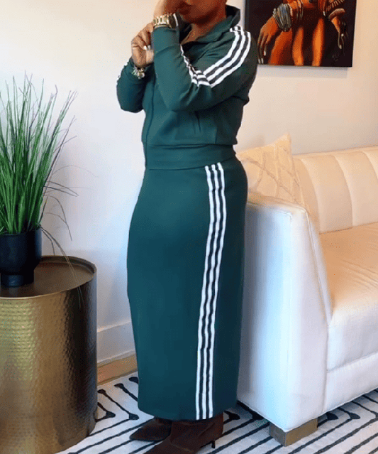 Striped sports jacket & knit skirt set