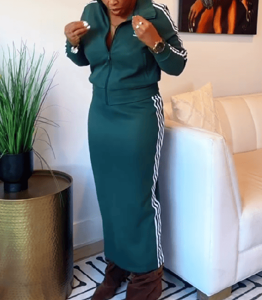 Striped sports jacket & knit skirt set