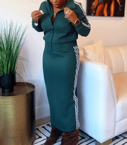 Striped sports jacket & knit skirt set