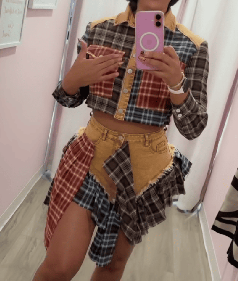 Plaid Patchwork Denim Set