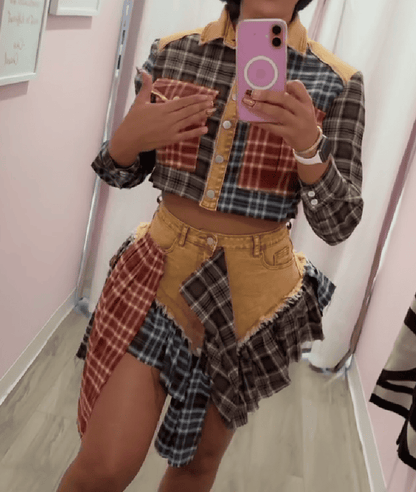 Plaid Patchwork Denim Set