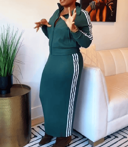 Striped sports jacket & knit skirt set