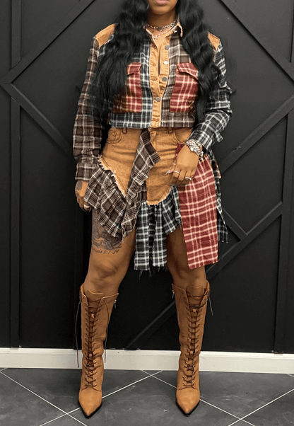 Plaid Patchwork Denim Set