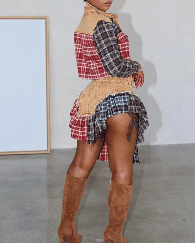 Plaid Patchwork Denim Set