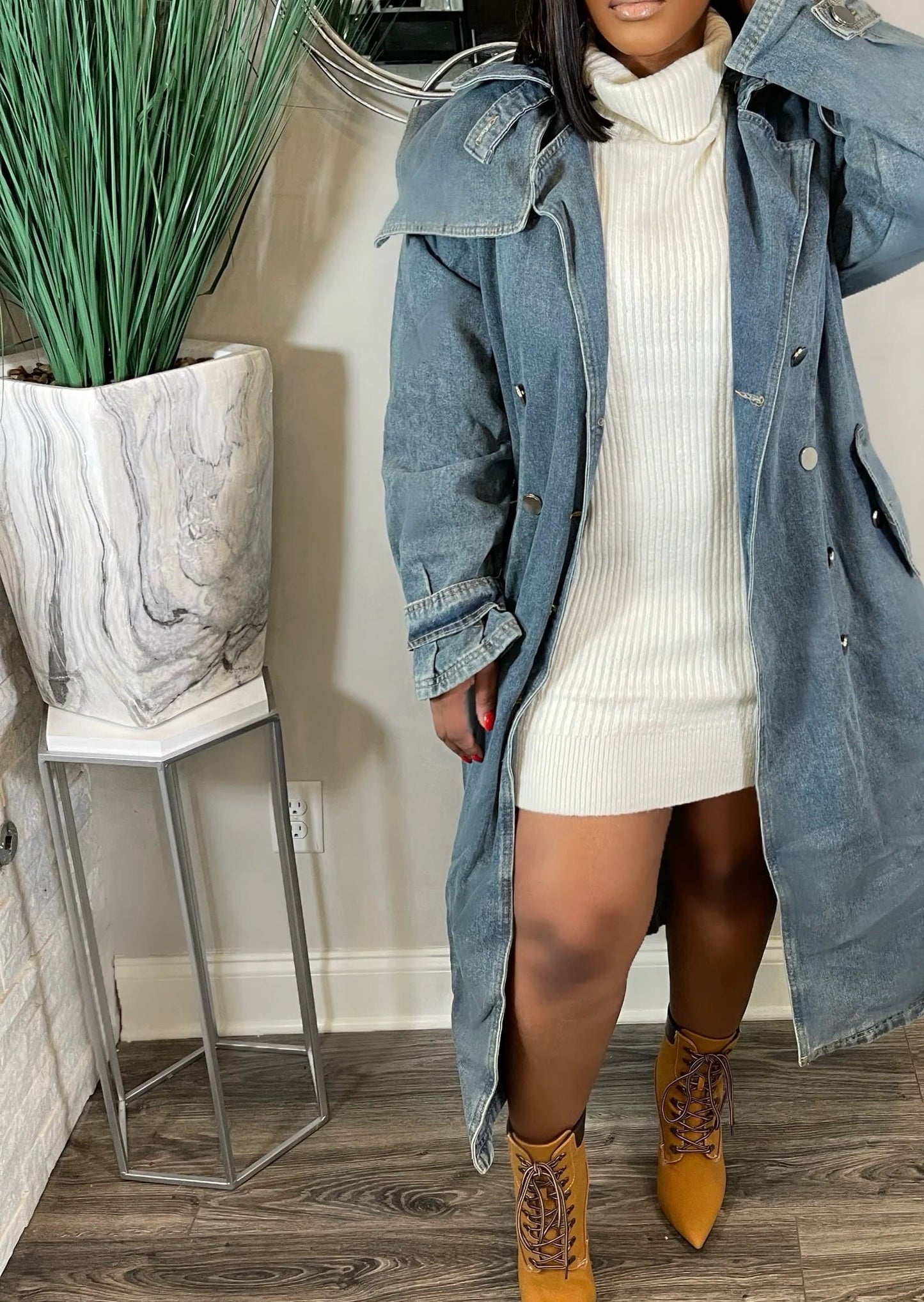 Blue Lapel Long Sleeve Denim Coat