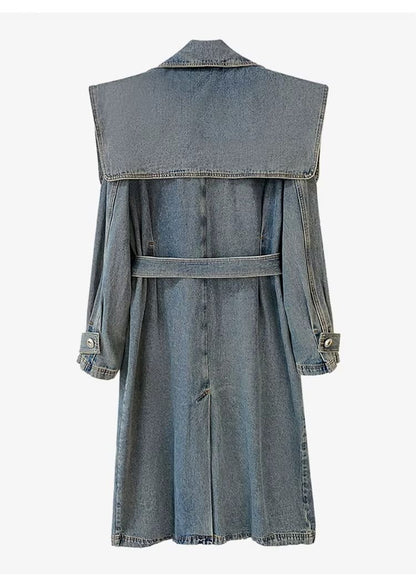 Blue Lapel Long Sleeve Denim Coat