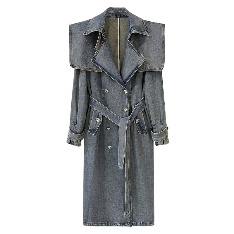 Blue Lapel Long Sleeve Denim Coat