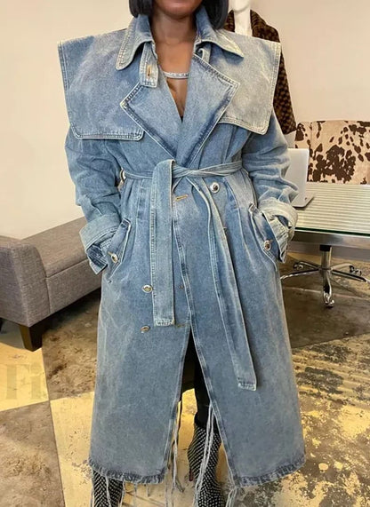 Blue Lapel Long Sleeve Denim Coat
