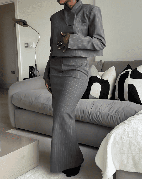 Pinstripe Cropped Blazer & Midi skirt 2pc Set