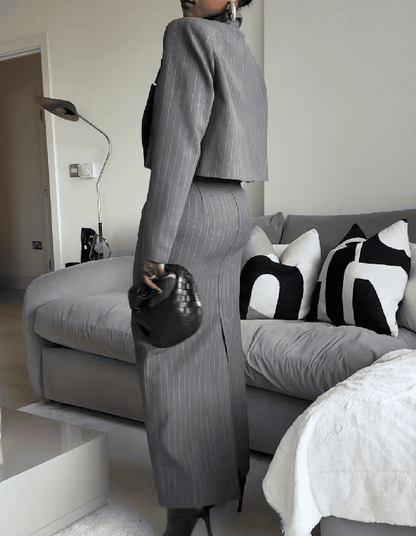 Pinstripe Cropped Blazer & Midi skirt 2pc Set