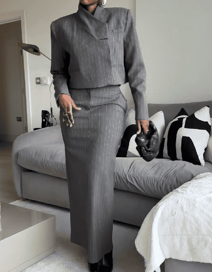 Pinstripe Cropped Blazer & Midi skirt 2pc Set