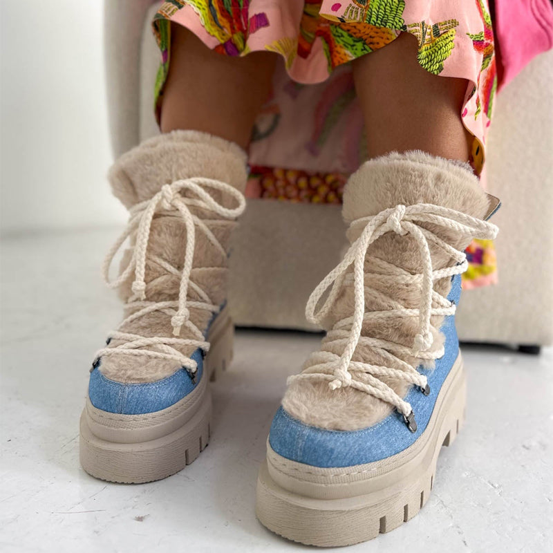 Thick-soled Furry Lace-up Boots