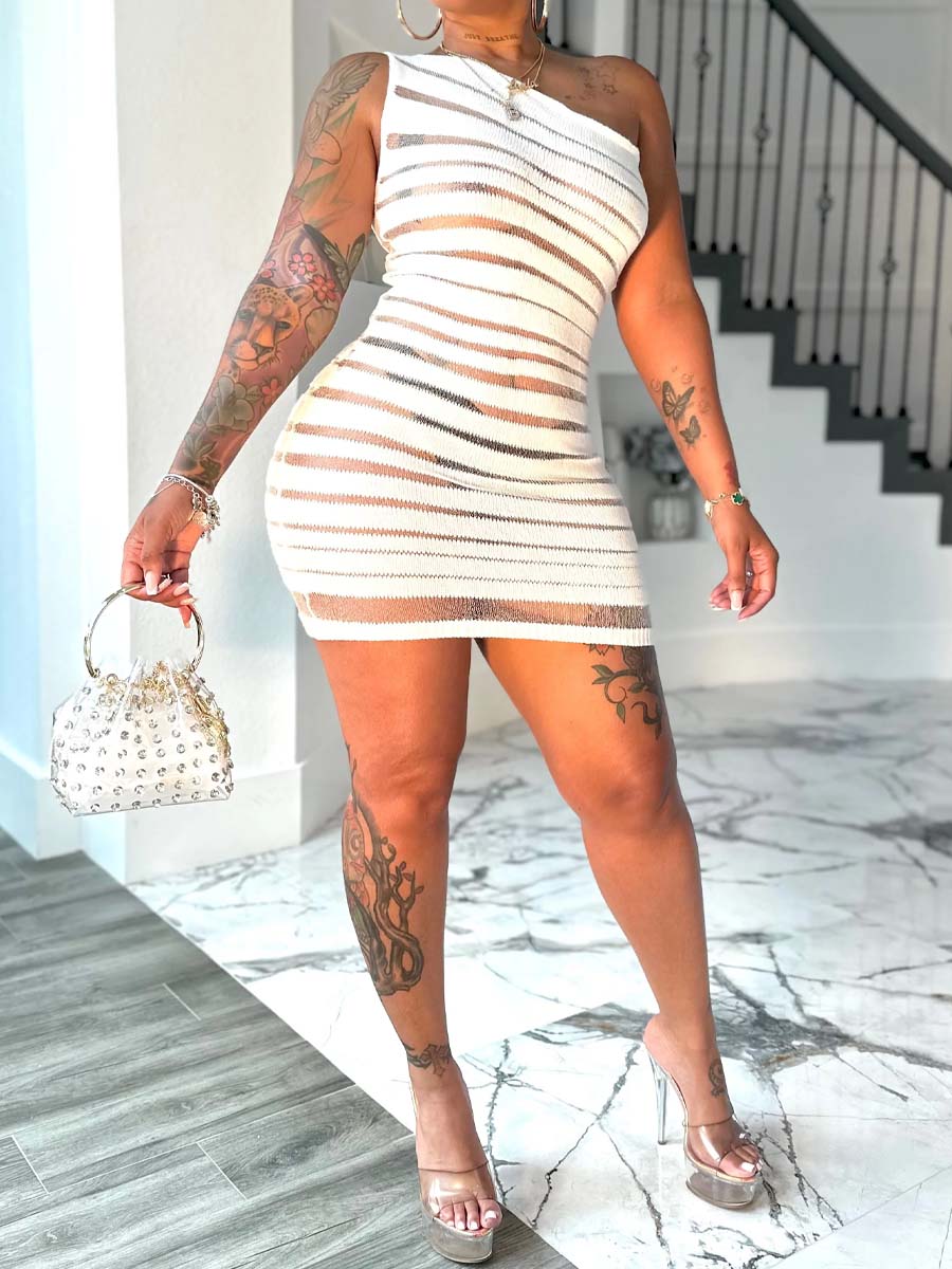 One Shoulder See-through Stretch Dress