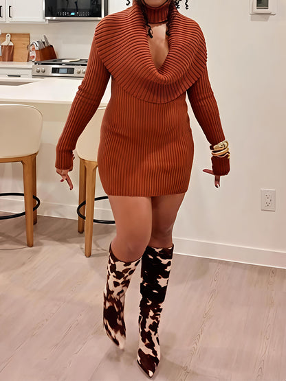 Ribbed Knit Voluminous Cowl Neck Mini Dress
