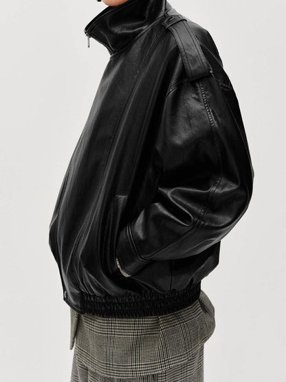 Tie Asymmetric Faux Leather Bomber Jacket