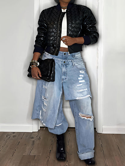 Weave Faux Leather Bomber Jacket