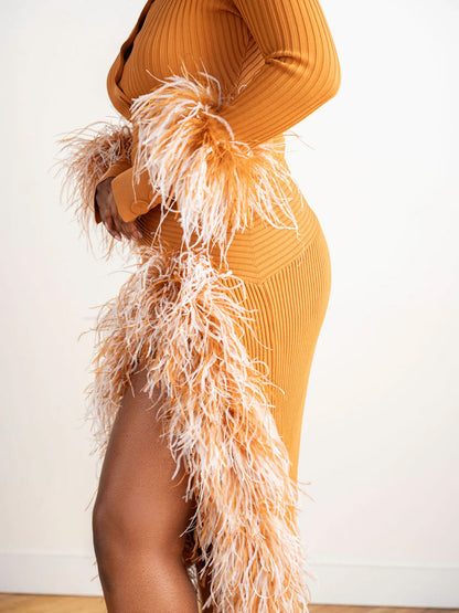 Feathered-cuff Knitted Two Pieces Dress