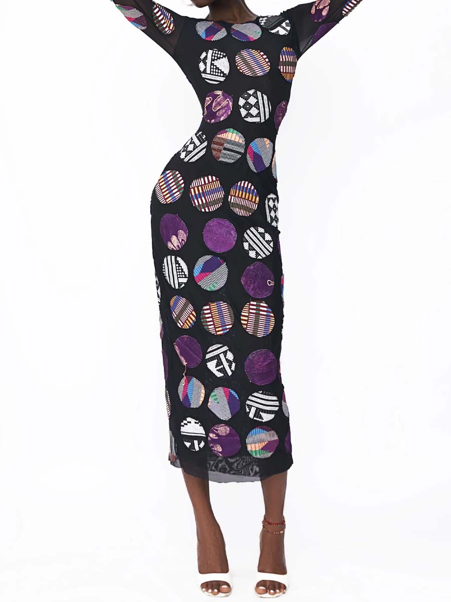 Printed Flare Sleeve Stretch Dress