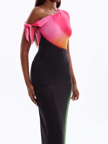 Fashion Stretch Color Block Sexy Skew Neck Dress