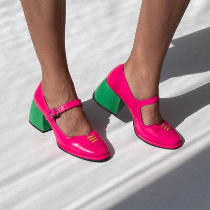 Color Block Thick-Heeled Mary Jane Shoes