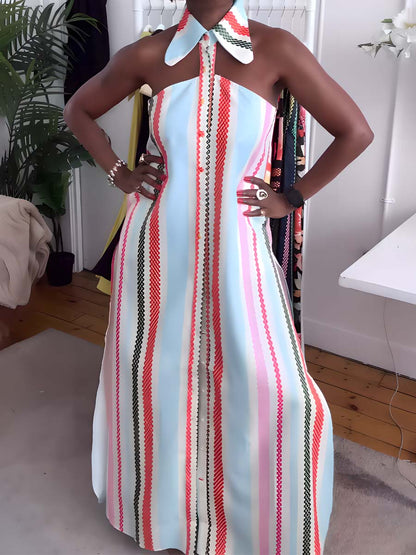 Striped Print Cold Shoulder Dress