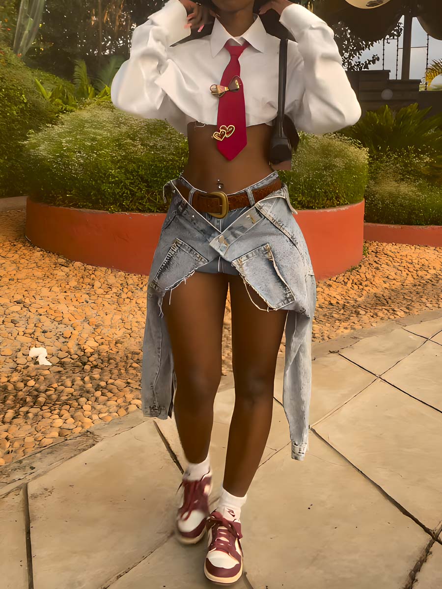 Washed Distressed Denim Skirt