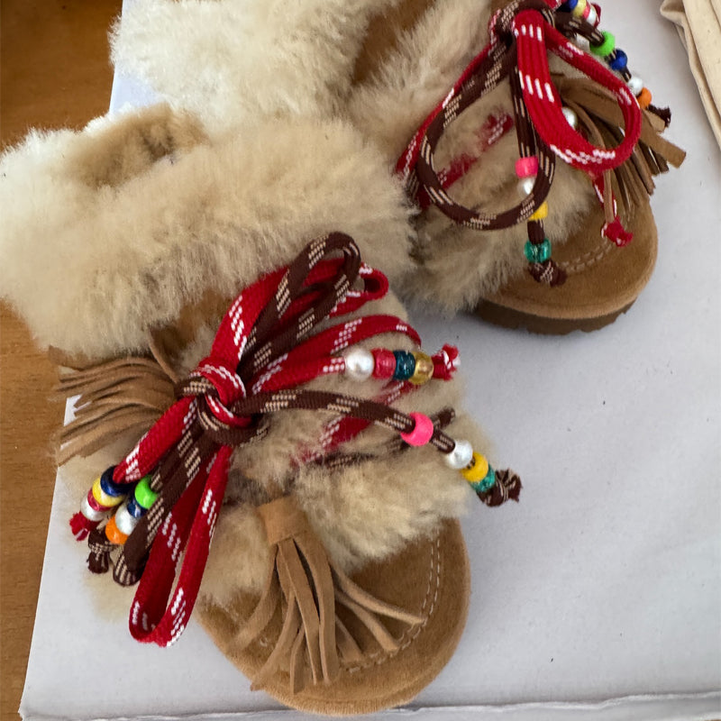 Beaded Fringed Plush Lace-Up Slippers