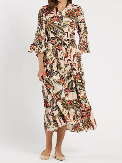 Elegant Printed Bell Sleeve Maxi Dress