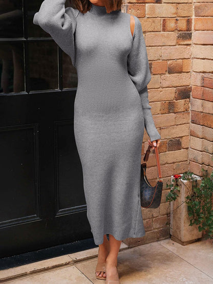 Cropped Cardigan Pullover Sweater Maxi Dress Set