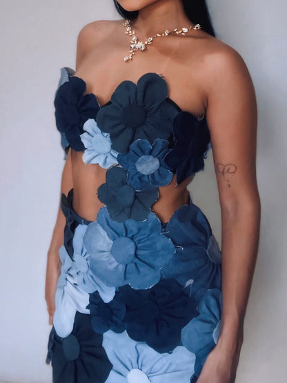 3D Flower Denim Strapped Mini Dress