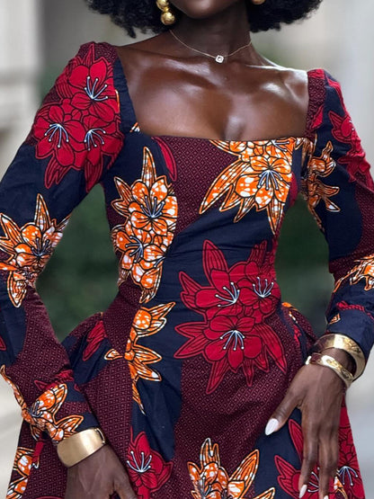 Square Collar Printed Mini Dress