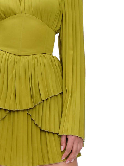 Elegant Long Sleeve Pleated Mini Dress