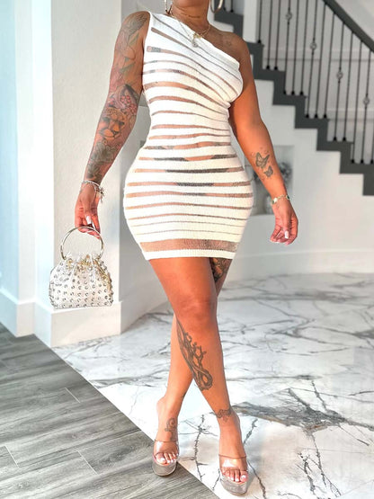One Shoulder See-through Stretch Dress