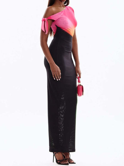 Fashion Stretch Color Block Sexy Skew Neck Dress