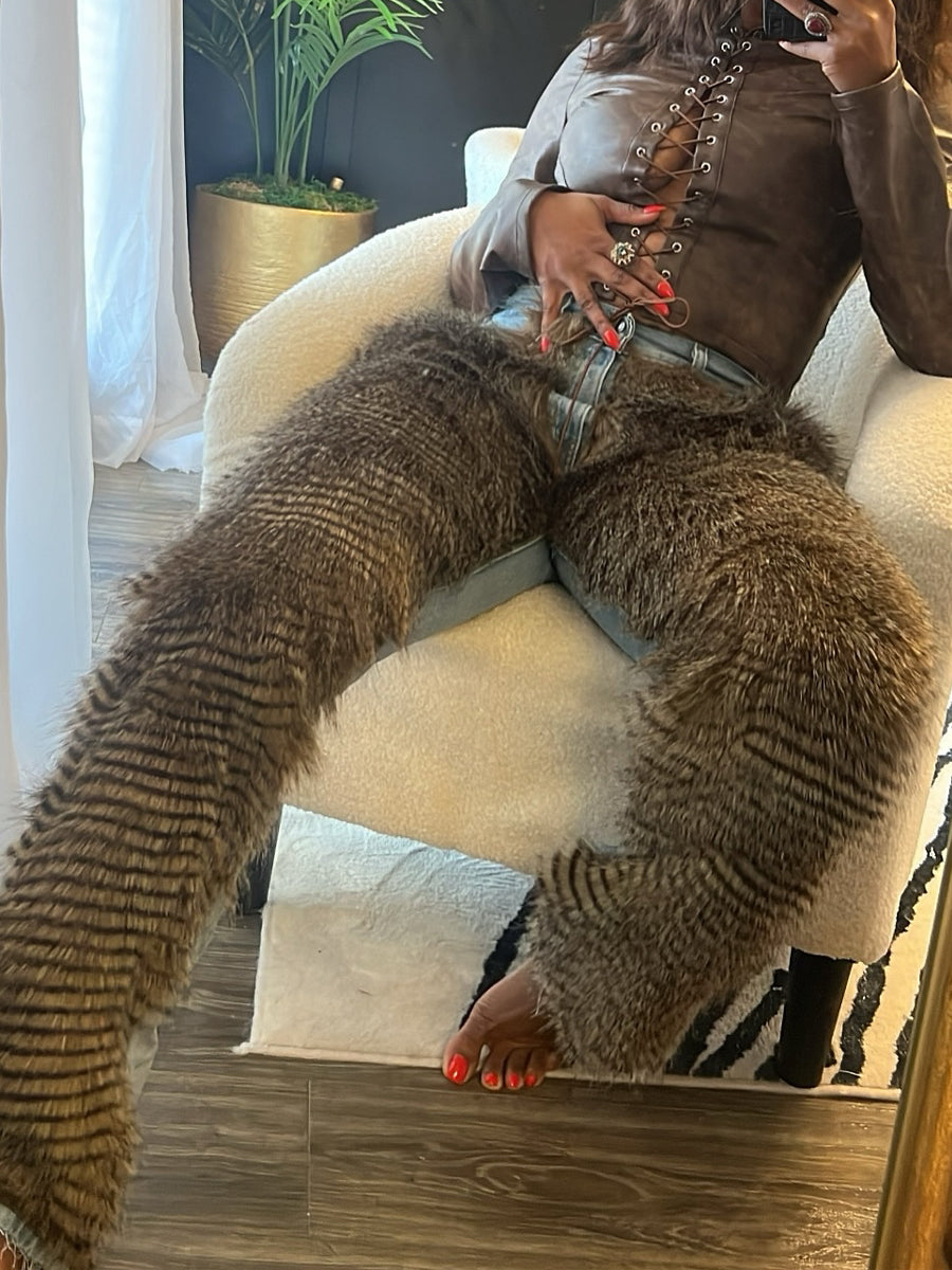 Faux Rabbit Fur Denim Patchwork Jeans