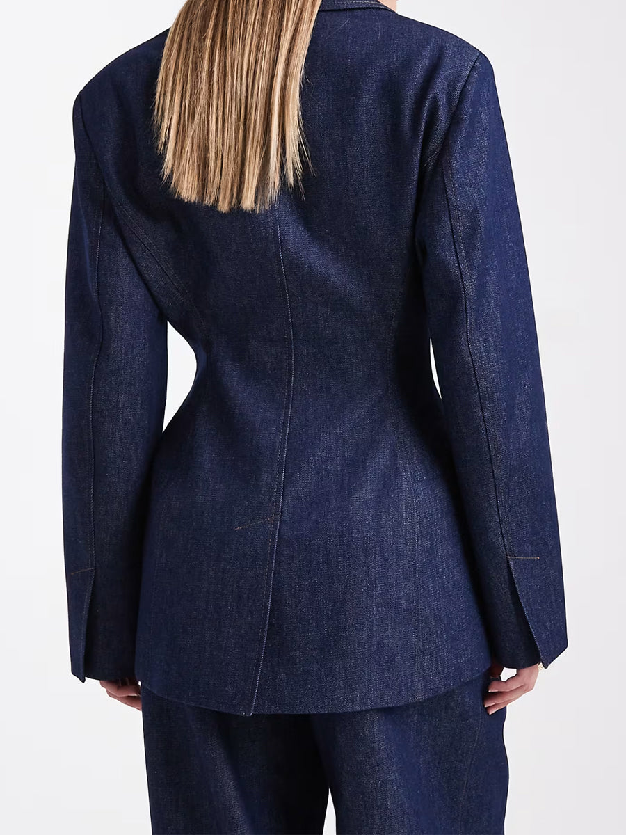 Darted Waist Notch Lapels Denim Blazer