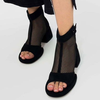 Gauze-Rear Zip Square-Heeled Roman Sandals
