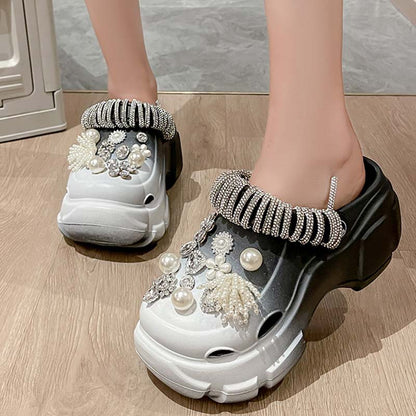 Pearl Rhinestone Chain Platform Hole Shoes Slippers