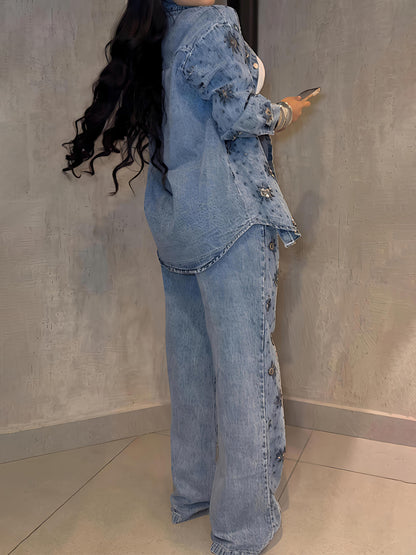 Rhinestone Sparkle Flower Print Denim Two Pieces Set