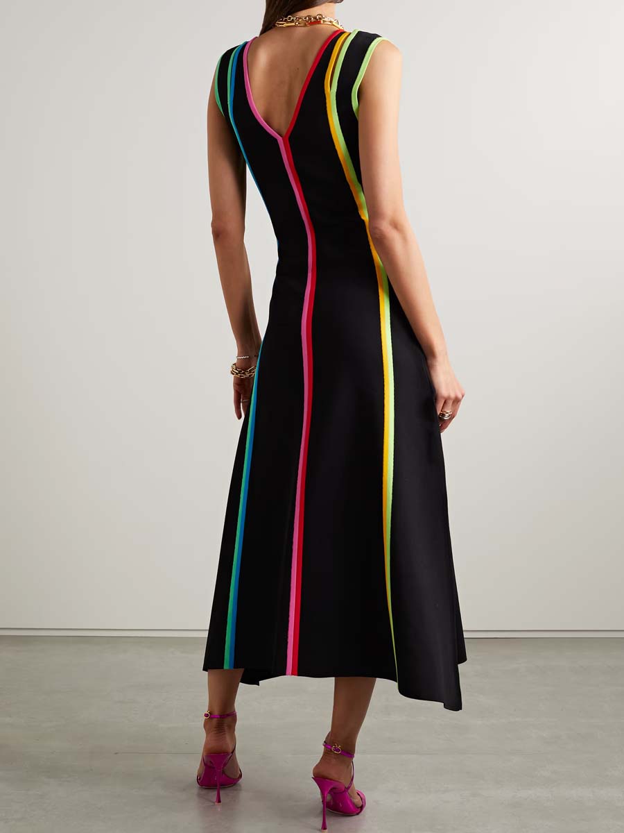 Deep V Neck Striped Stretch-knit Midi Dress