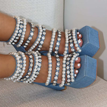 Denim Pearls Thick Heeled Sandals