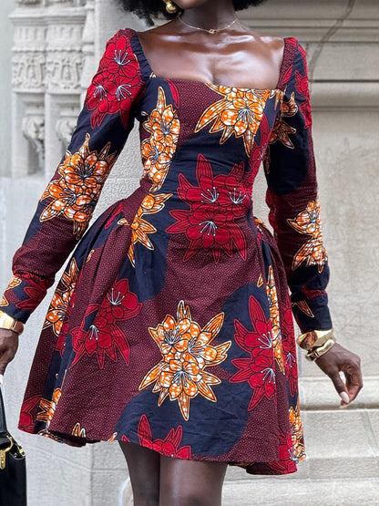 Square Collar Printed Mini Dress