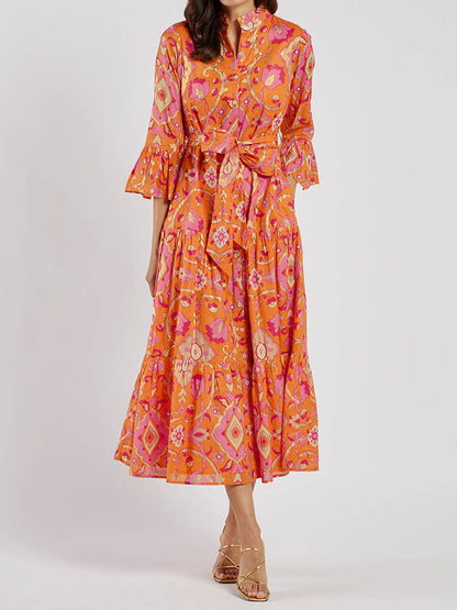 Elegant Printed Bell Sleeve Maxi Dress