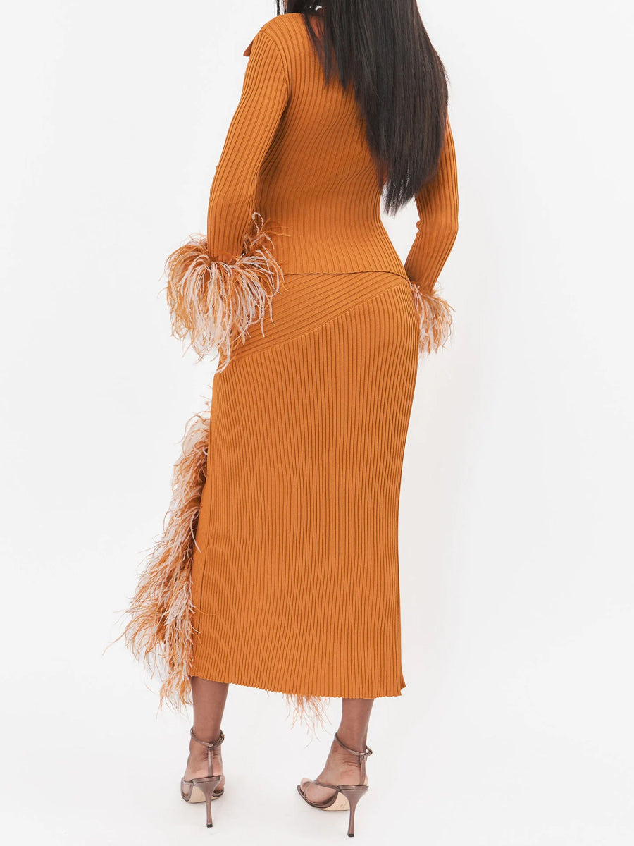 Feathered-cuff Knitted Two Pieces Dress
