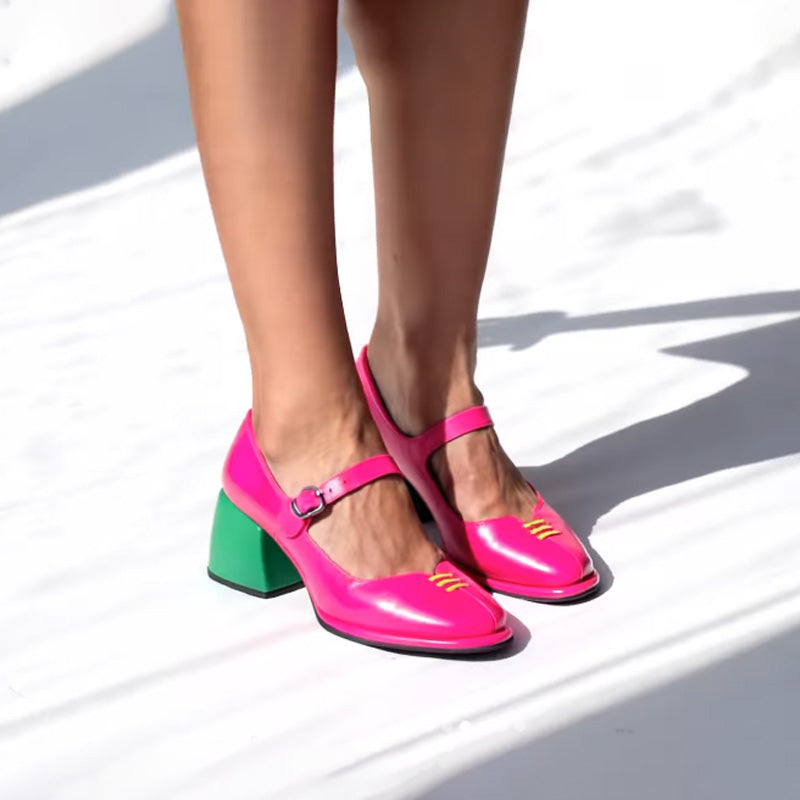 Color Block Thick-Heeled Mary Jane Shoes