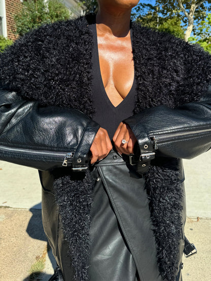 Faux Leather Shearling Fur Bomber Jacket